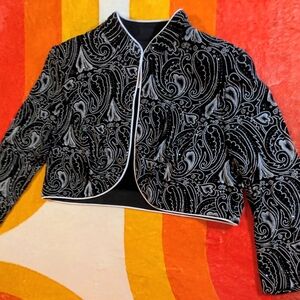 Vintage Alex Evenings Black White Paisley Bolero Jacket, 14W Shrug Formalwear